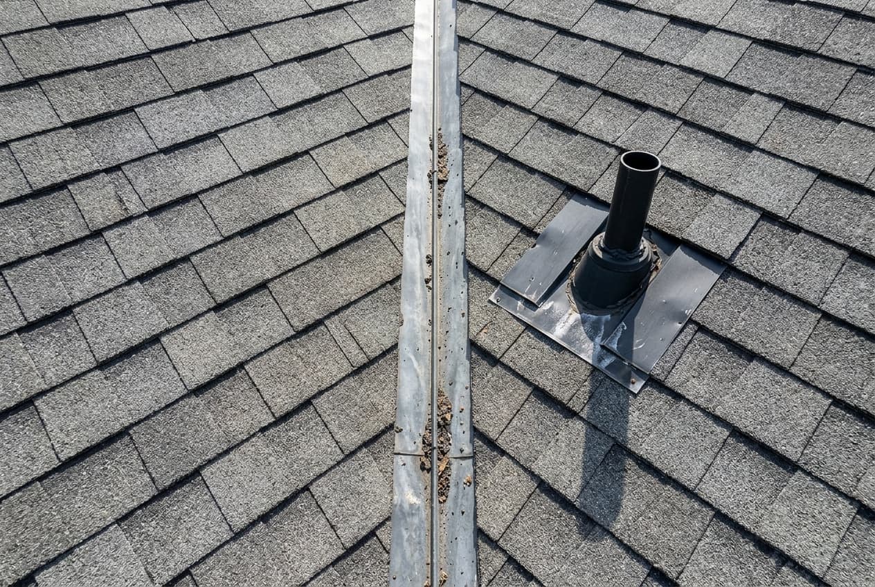 A close-up drone photo of a residential roof slope showing the shingle surface