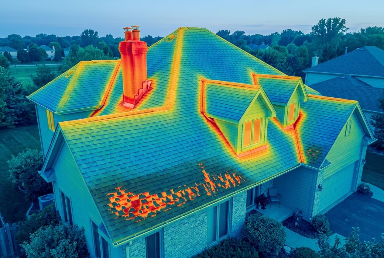 A thermal infrared visualization of a residential roof showing temperature variations