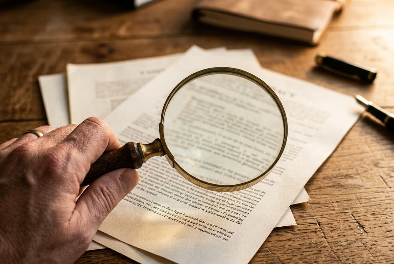 A magnifying glass held over the fine print of a contract document
