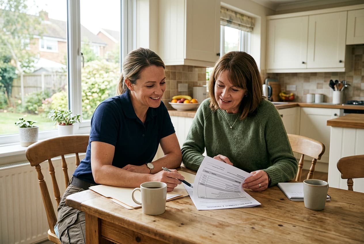 A roofing contractor and a homeowner reviewing a printed estimate together at a kitchen table