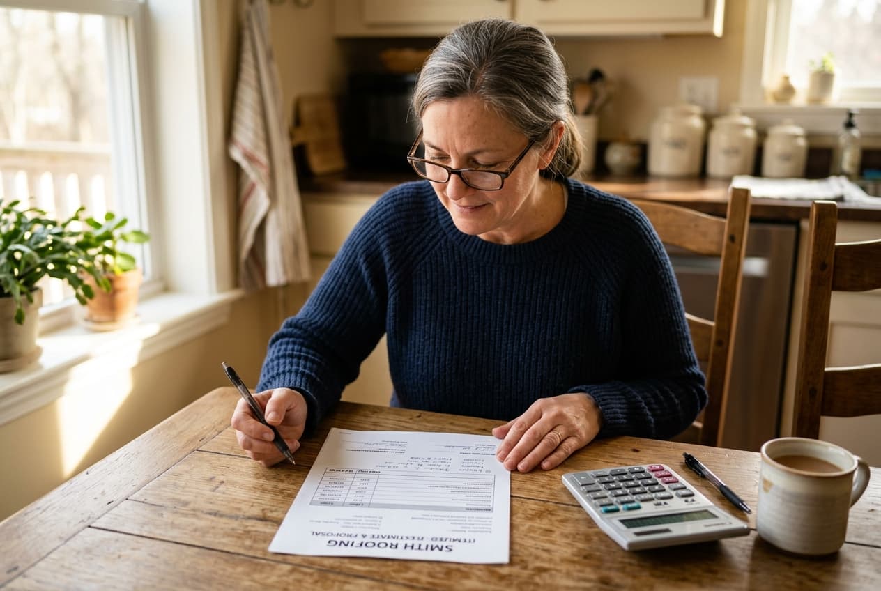 A homeowner reviewing a written, itemized roofing estimate at a kitchen table