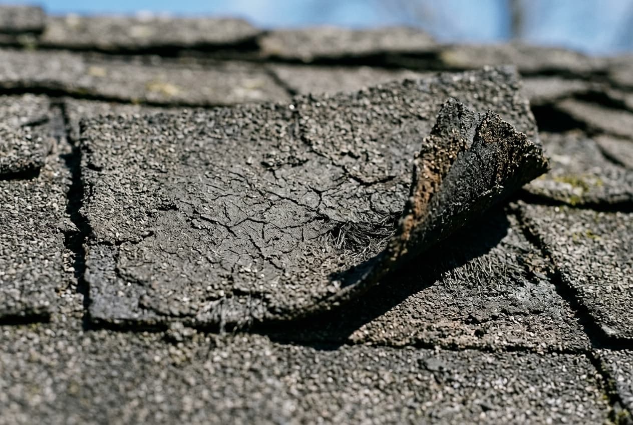 Close-up of aged asphalt roof shingles showing curling, granule loss, and small cracks