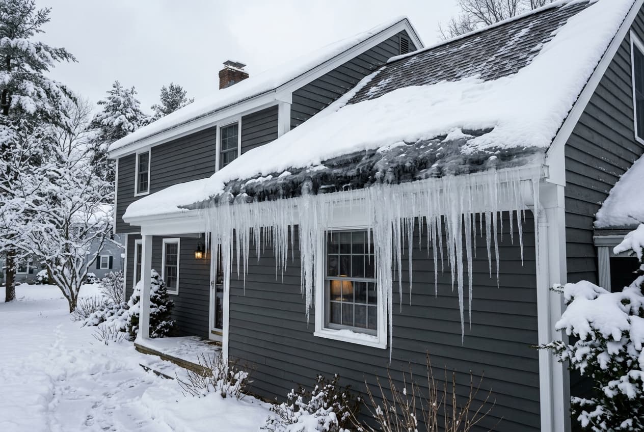 An ice dam formation along the eave of a New England home with icicles hanging from the gutter