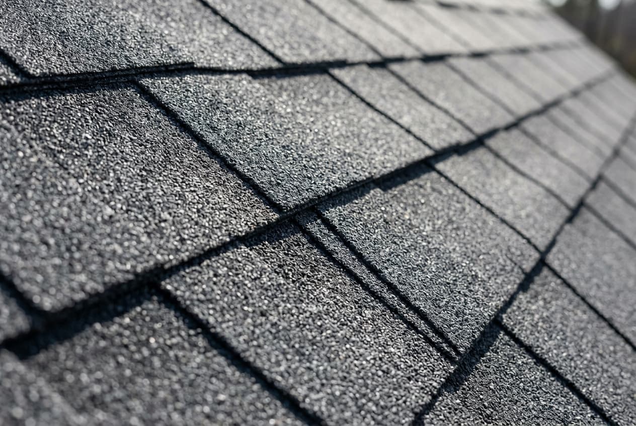 Close-up of pristine new dark gray architectural asphalt roof shingles