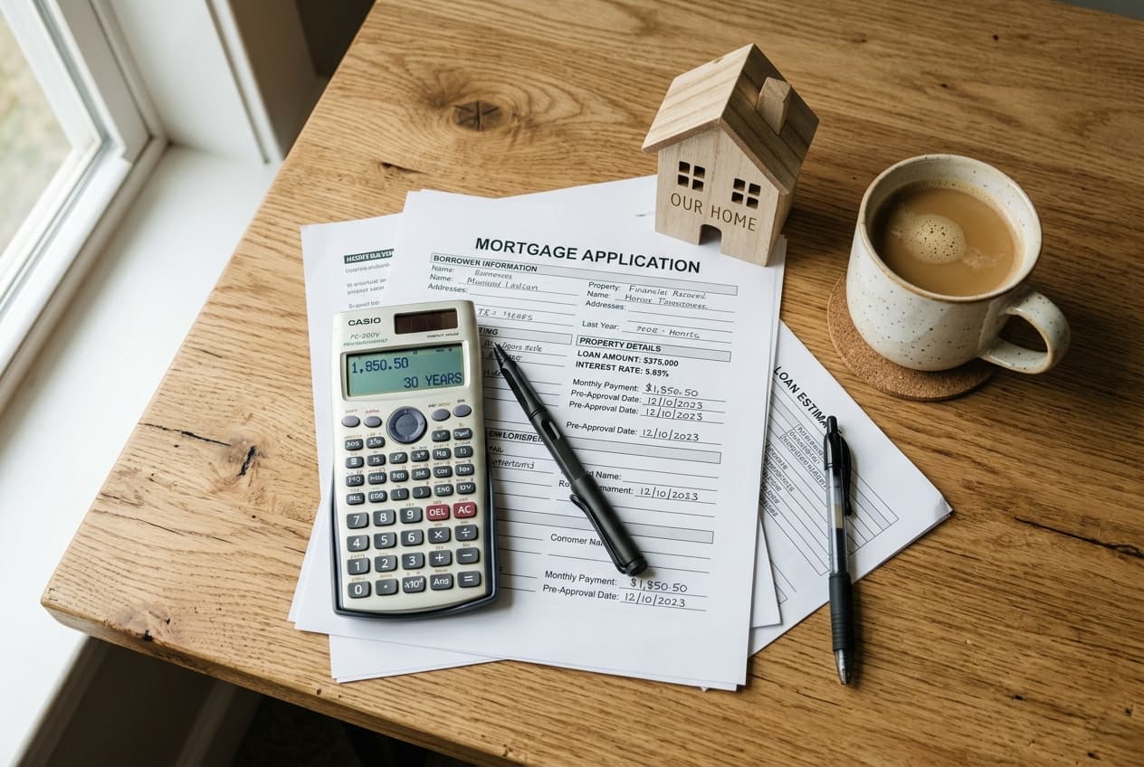 A financial calculator, mortgage paperwork, and a small wooden house figurine on a desk