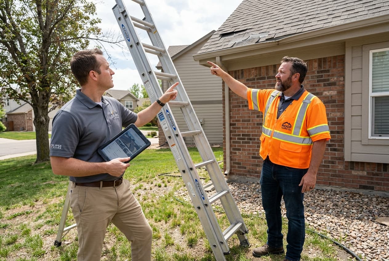 An insurance adjuster with a tablet and a roofing contractor inspecting roof damage together