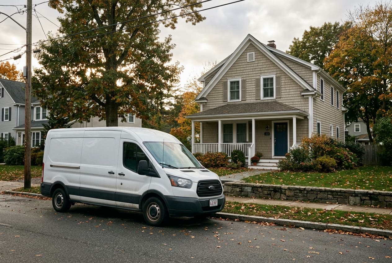 An unmarked white panel van parked in front of a residential home