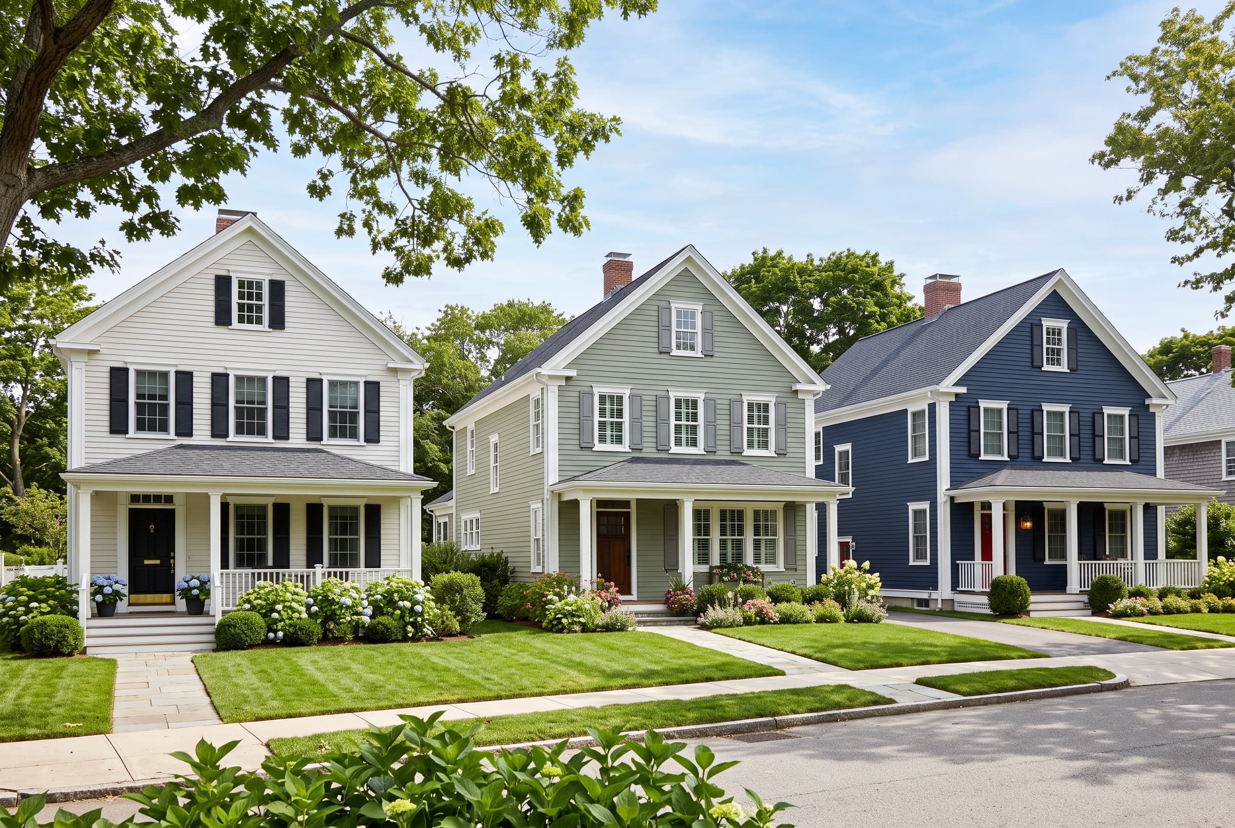 Three New England homes side by side in different siding colors — soft white, sage green, and deep navy