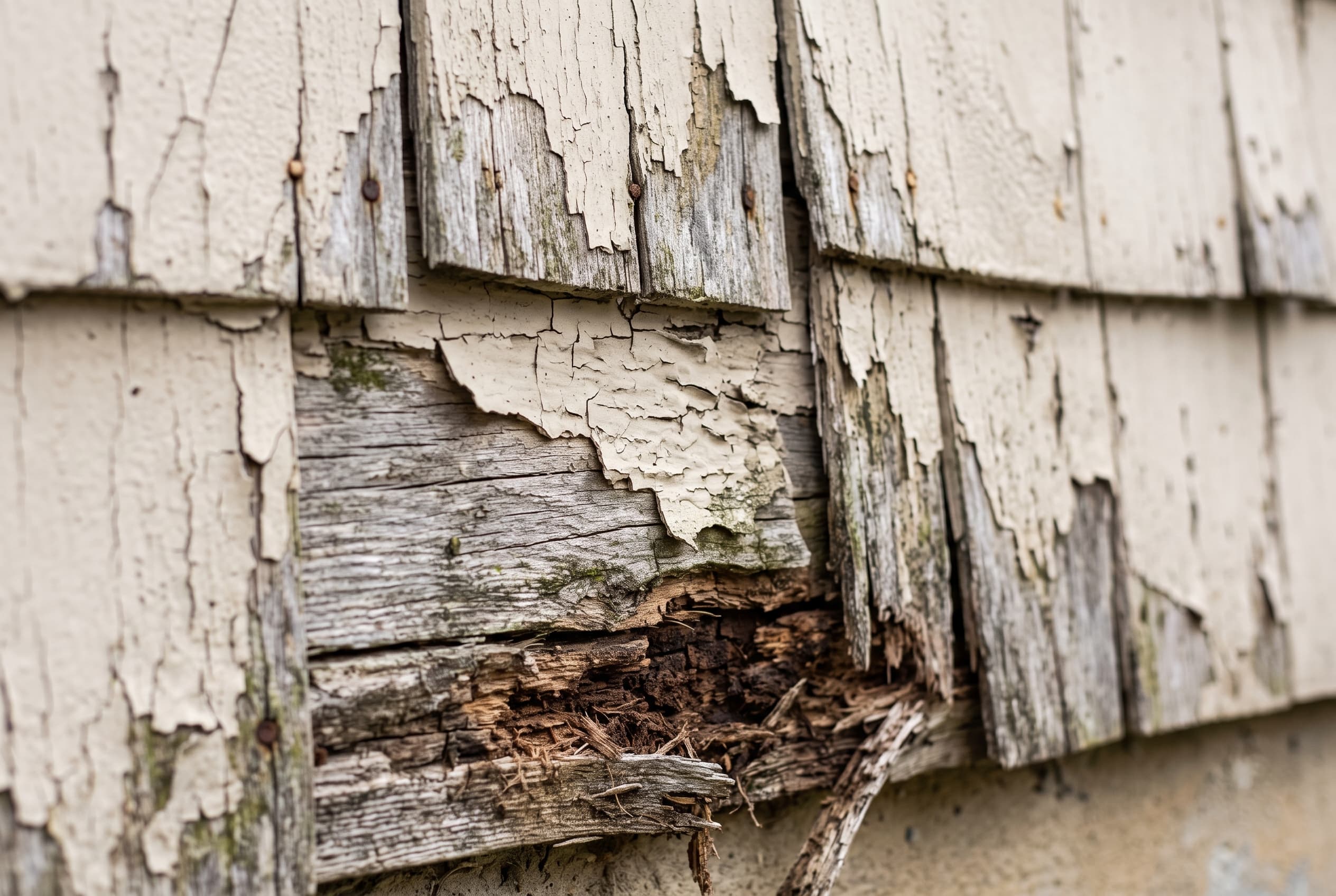 Close-up of failing clapboard siding — cracked, buckled, and peeling paint with a soft rotted spot near the bottom edge