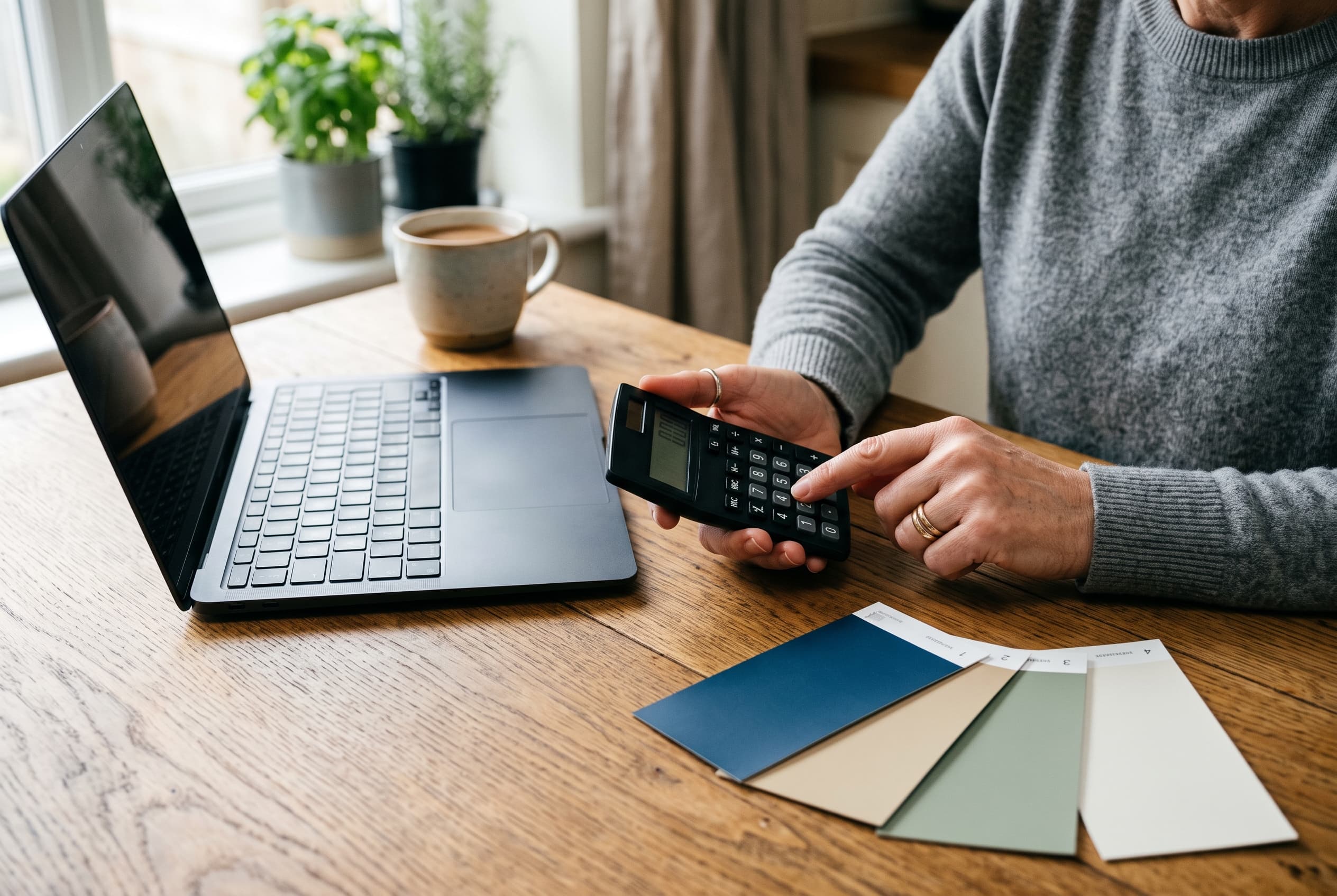 A homeowner at a kitchen table with a calculator, a laptop, and siding color swatches, planning a siding project budget
