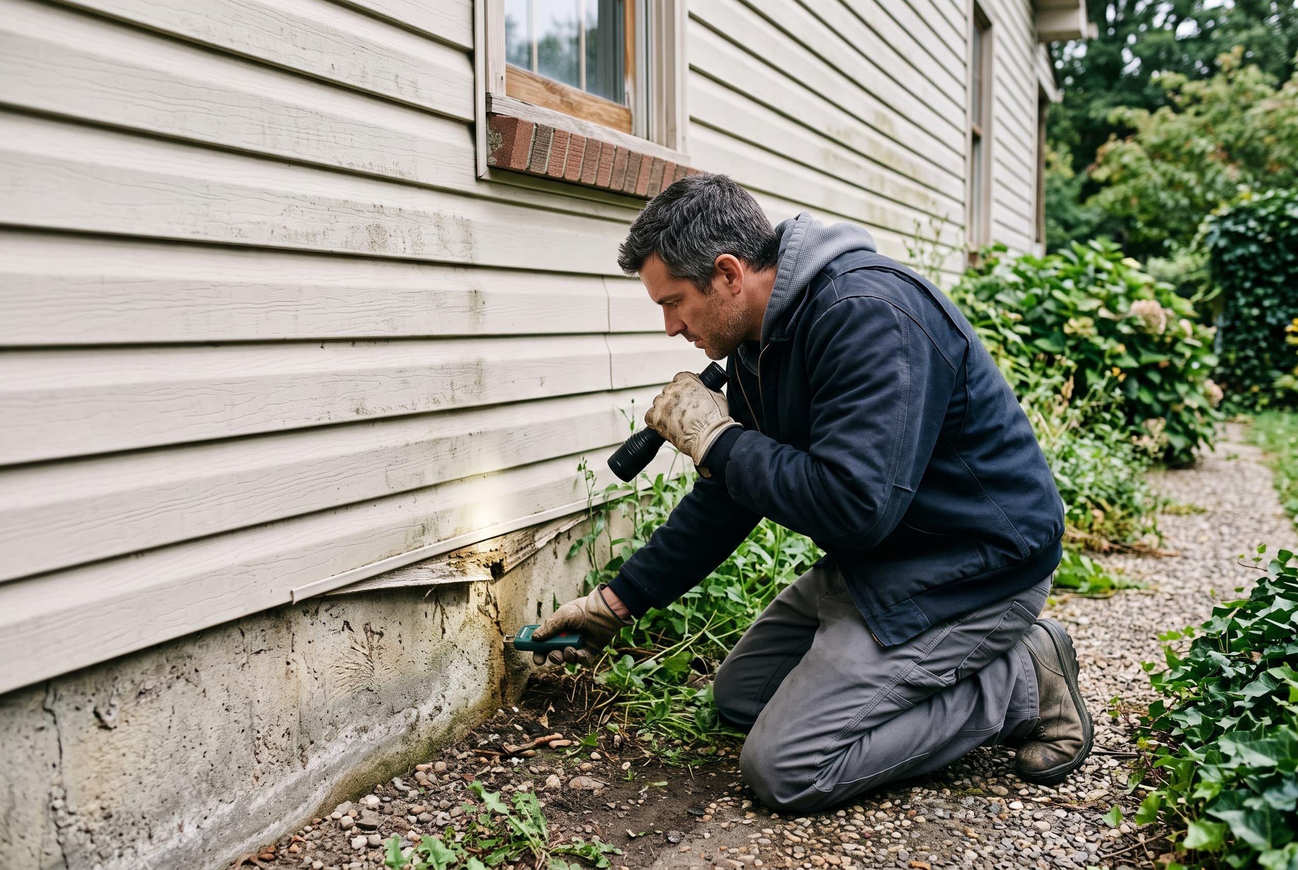 A contractor examining the base of a home's siding with a flashlight, checking for damage and moisture