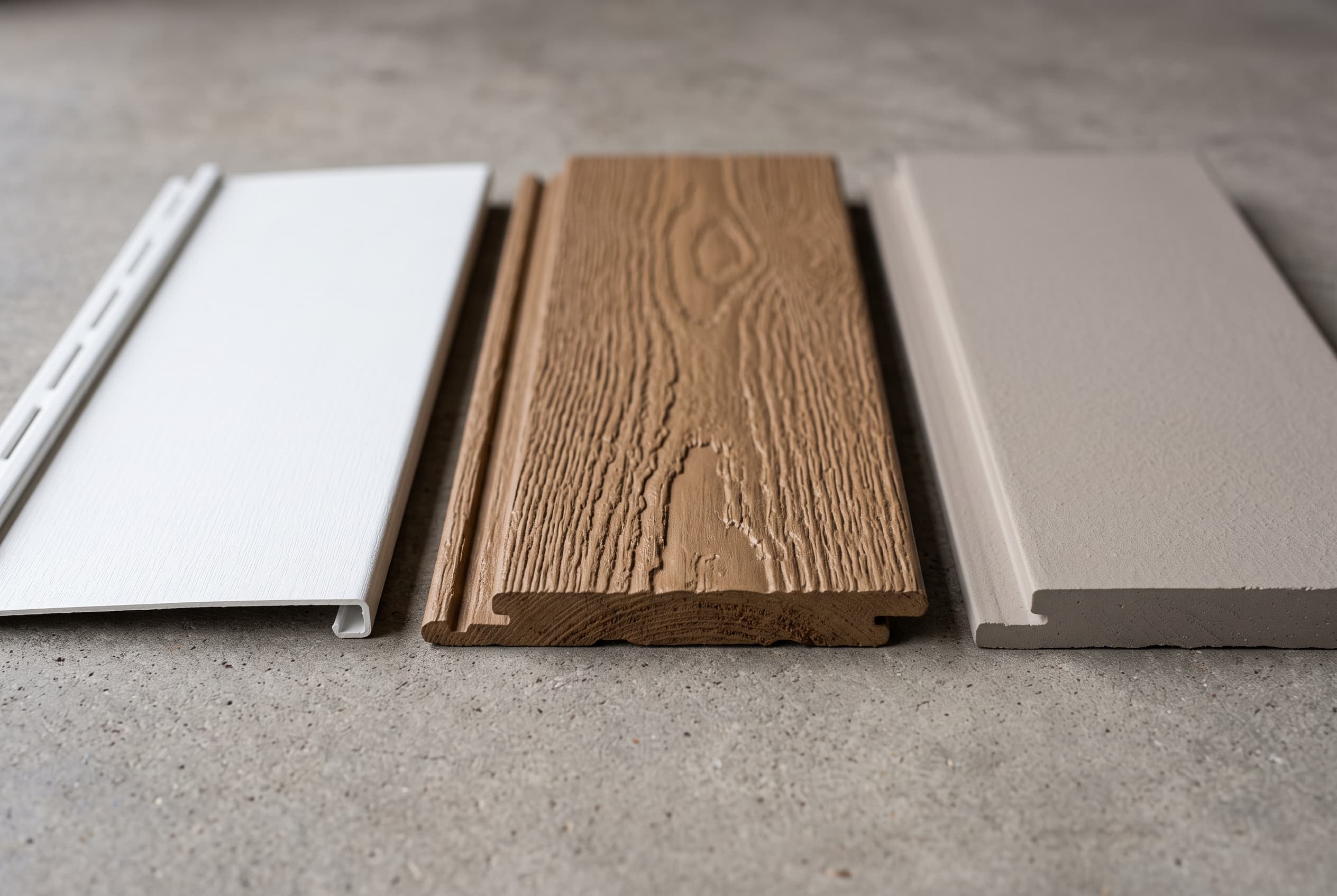 Close-up comparison of three siding textures — smooth vinyl clapboard, deep wood-grain engineered wood, and crisp fiber cement lap