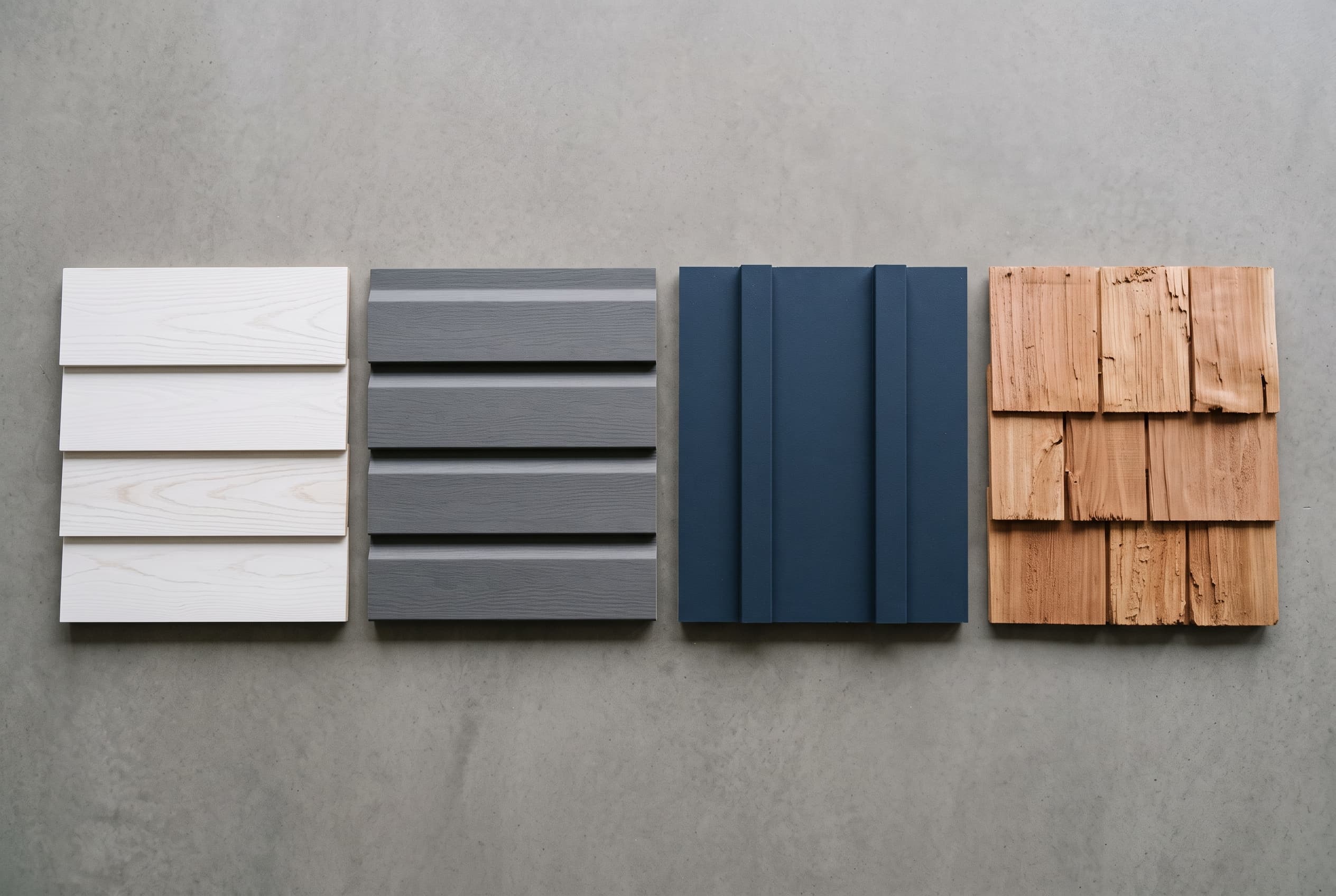 Four siding profiles side by side — horizontal clapboard, Dutch lap, vertical board-and-batten, and cedar shake