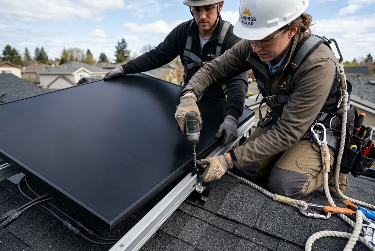 Solar installers wearing safety harnesses installing a black solar panel on a residential roof