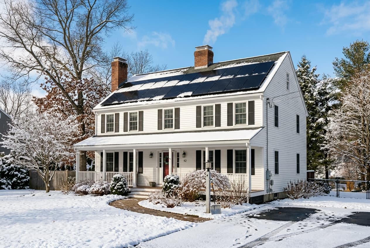 A New England suburban home with a solar panel array on the roof during a sunny winter day