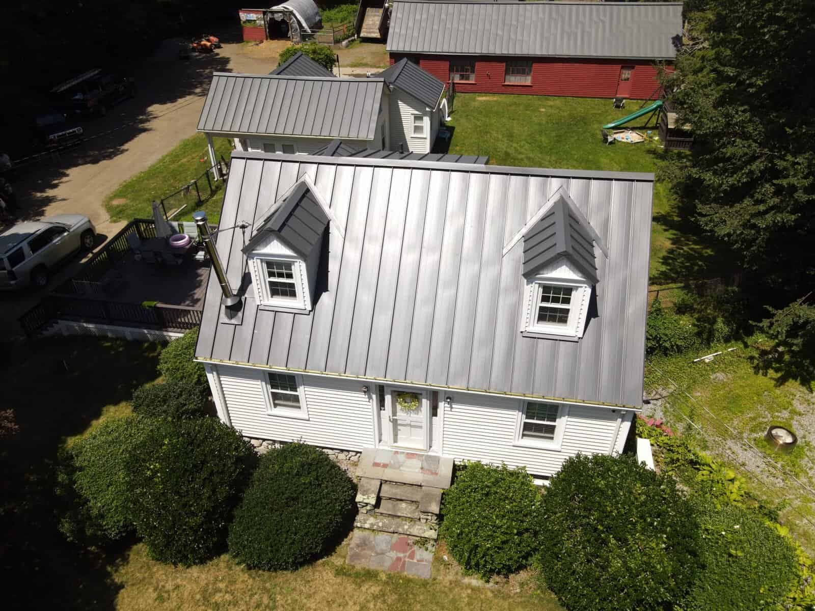 Aerial view of completed metal roof installation