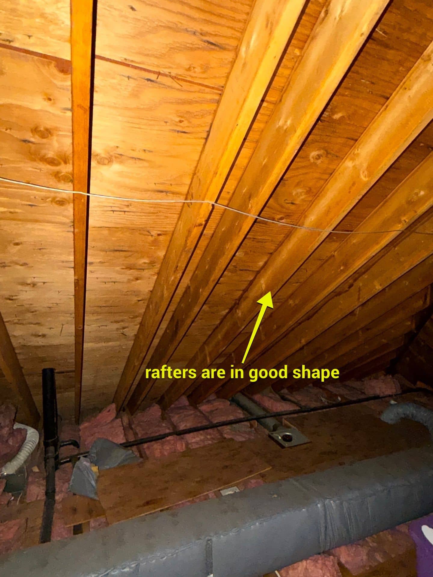 Annotated 360° Roof Report photo from inside the attic confirming rafters are in good condition