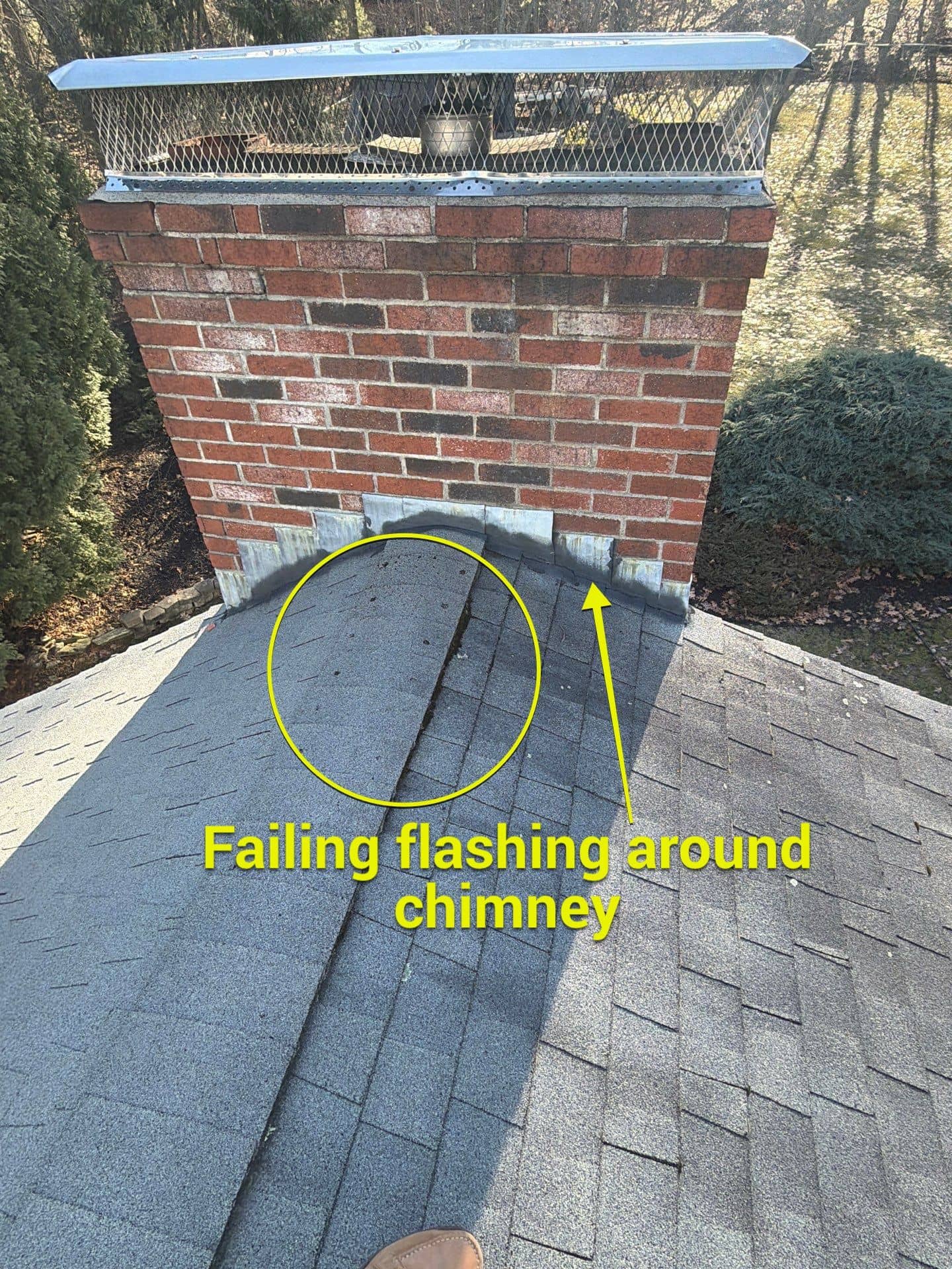 Annotated 360° Roof Report photo flagging failing chimney flashing on the Shrewsbury, MA home