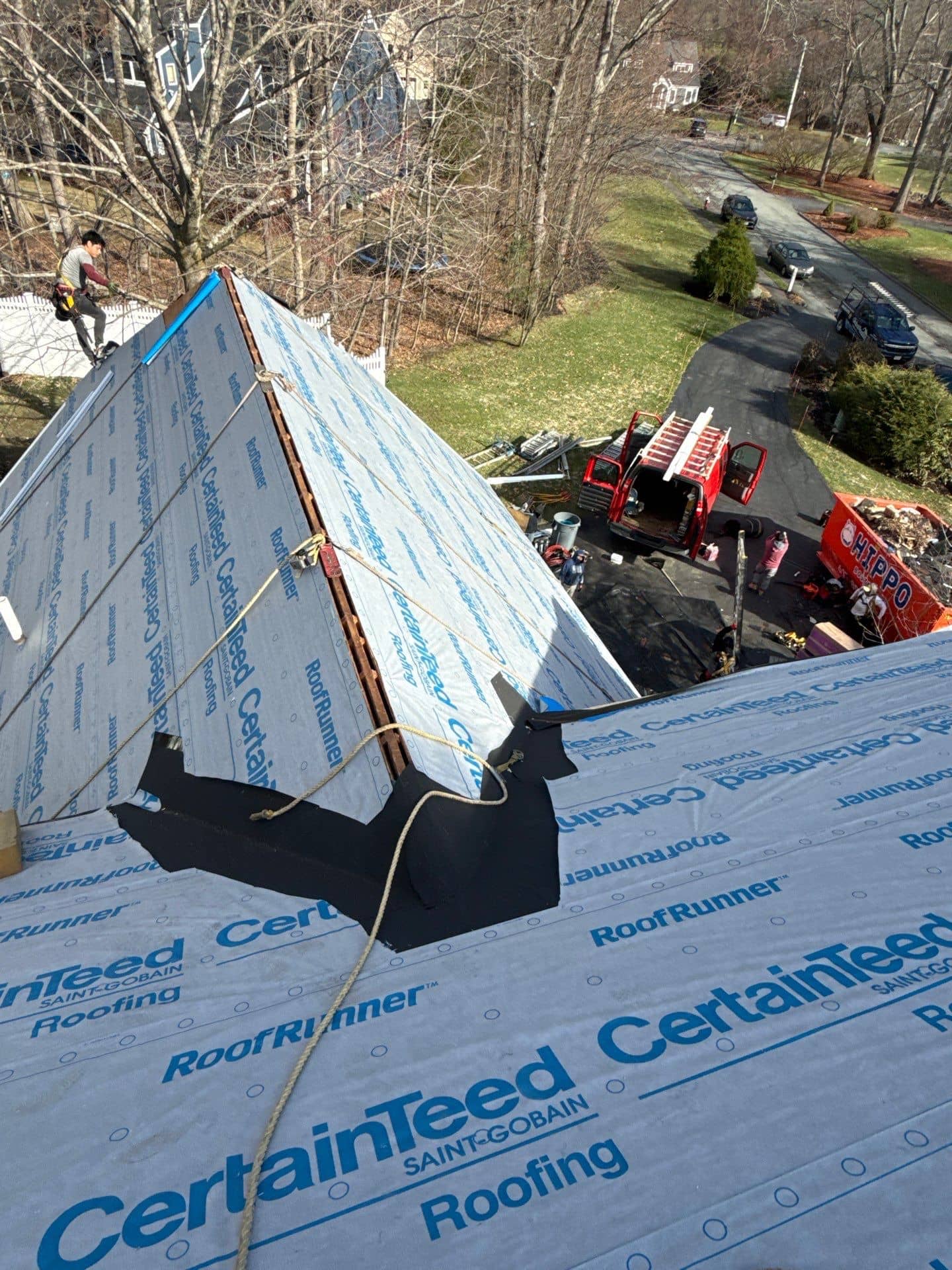 CertainTeed RoofRunner synthetic underlayment installed on the Shrewsbury, MA roof during replacement