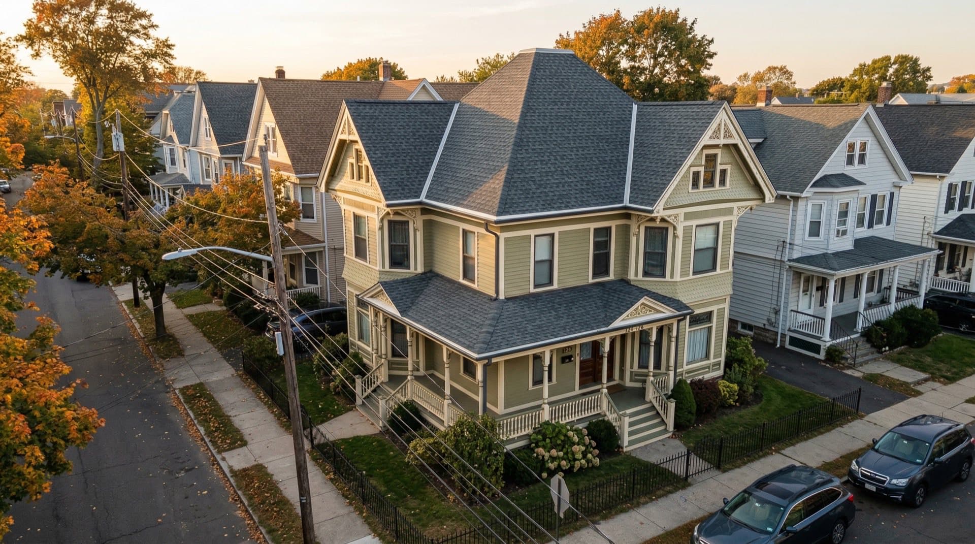 Residential roof replacement on a Victorian duplex in Bridgeport, Connecticut