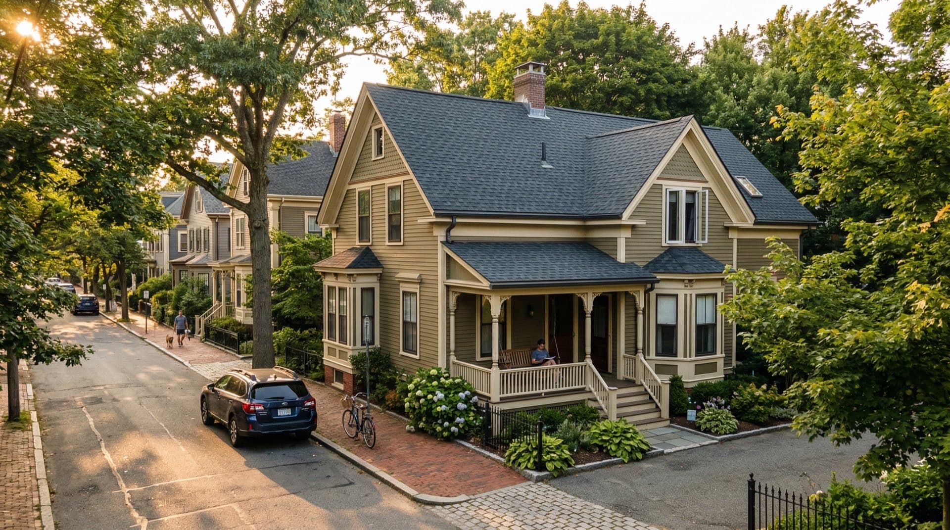 Residential roof replacement on a Victorian home in Cambridge, Massachusetts