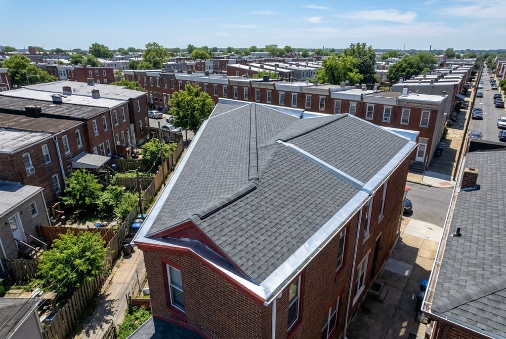 New roof on a Camden, New Jersey row house viewed from above