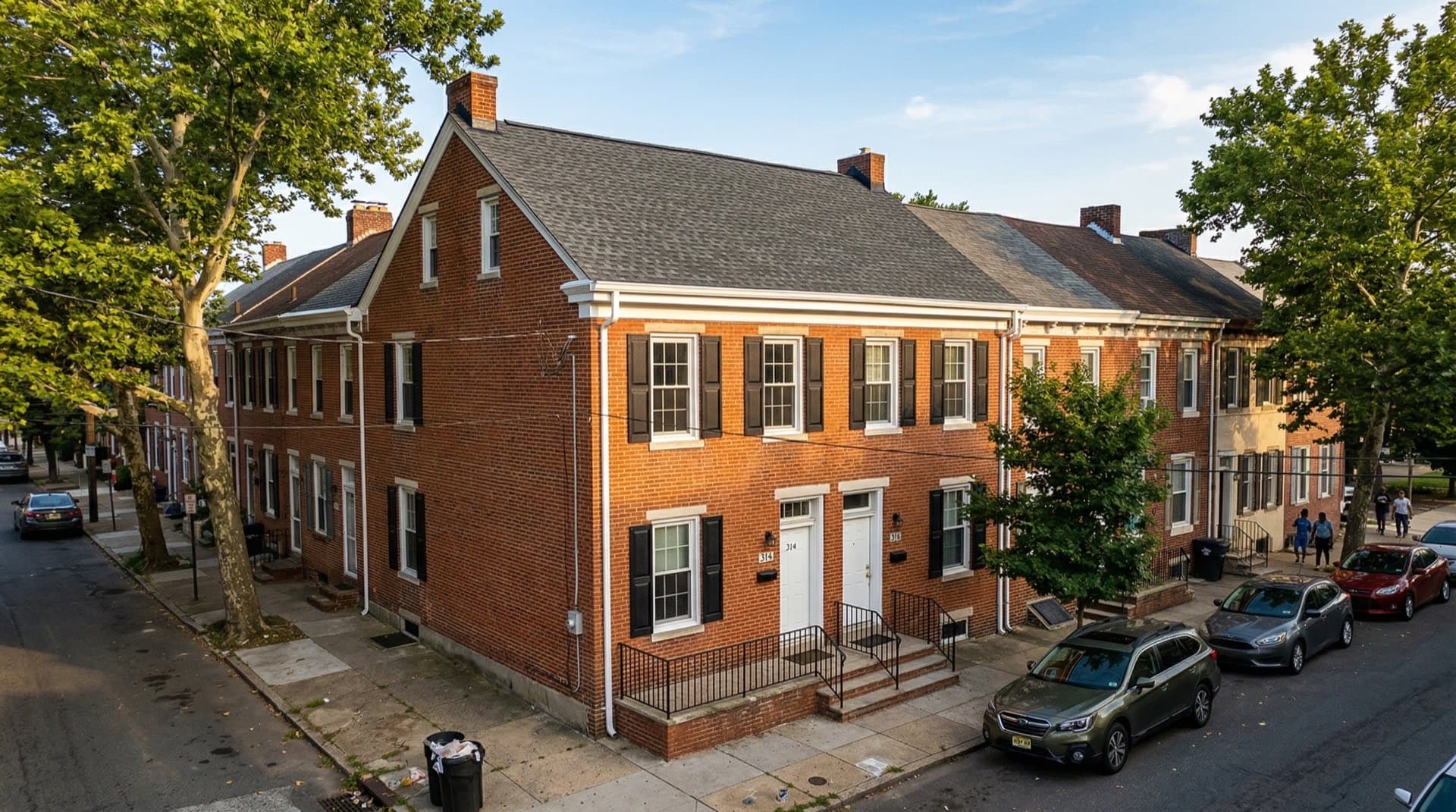 New architectural shingle roof on a row house in Camden, New Jersey