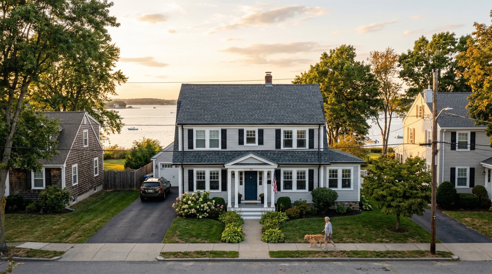 Residential roof replacement on a Colonial Revival home in East Providence, Rhode Island