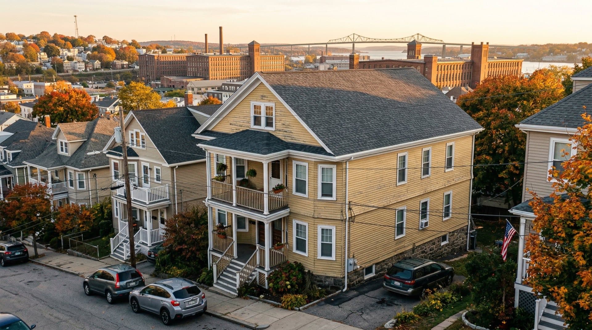 Residential roof replacement on a triple-decker home in Fall River, Massachusetts