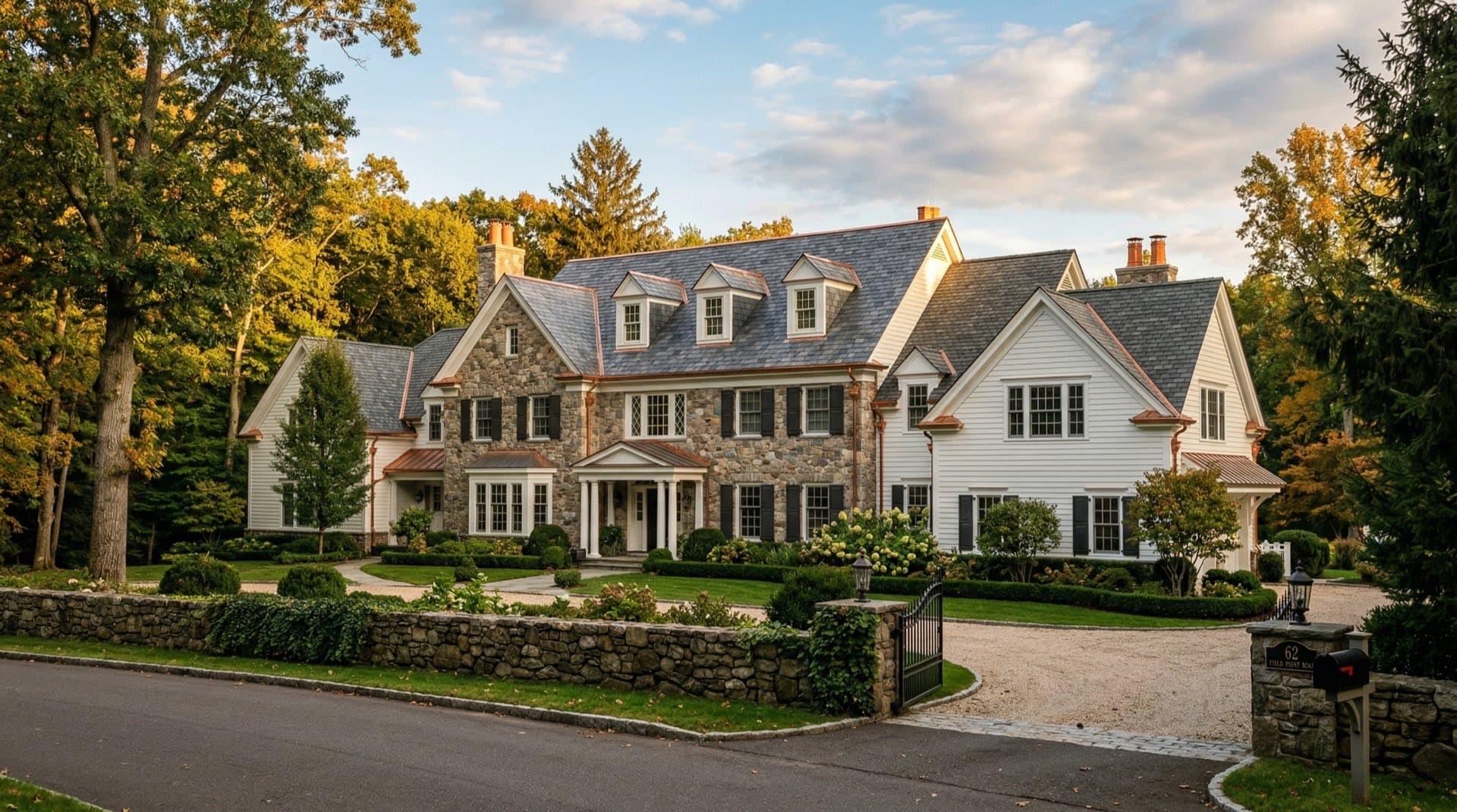 Residential roof replacement on a luxury Colonial estate in Greenwich, Connecticut