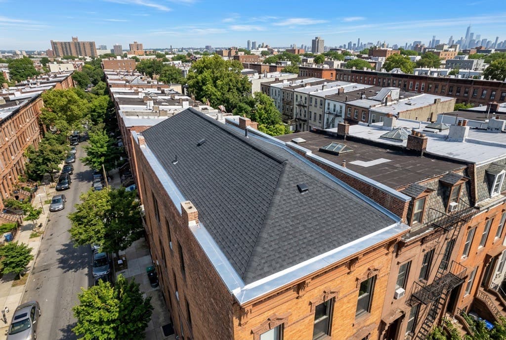 New architectural shingle roof on a Jersey City, New Jersey brownstone