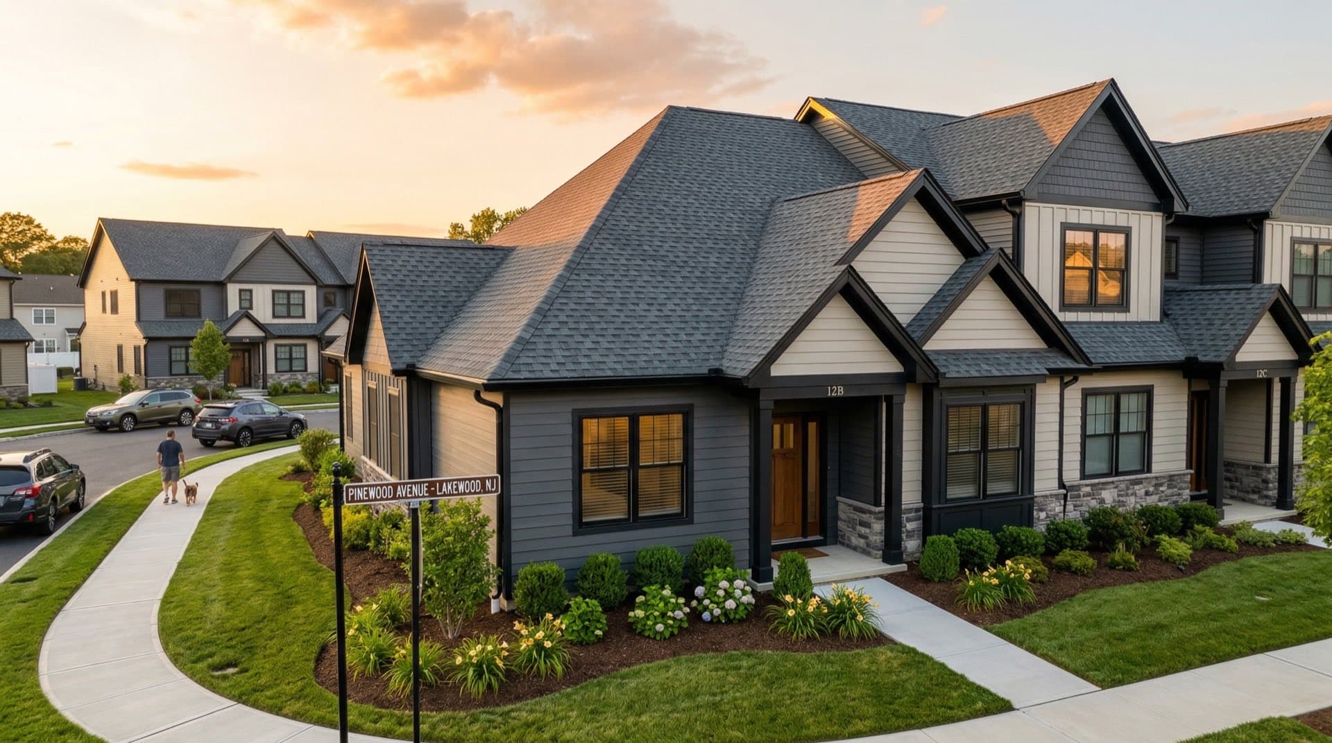 New construction townhouse with architectural shingle roof in Lakewood, New Jersey