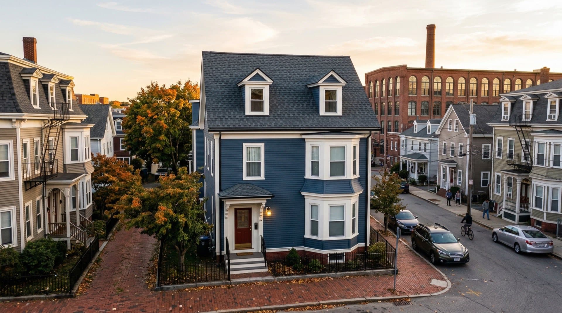 Residential roof replacement on a Victorian-era worker housing home in Lowell, Massachusetts