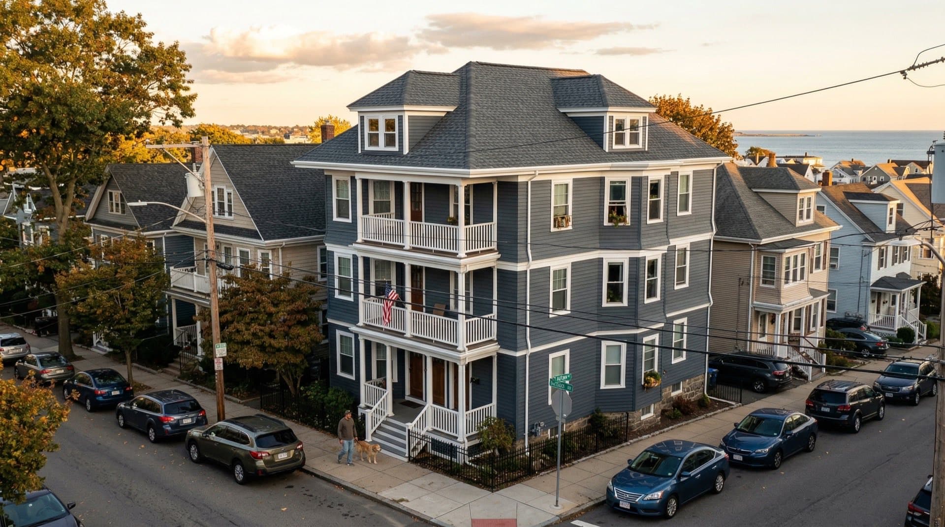 Residential roof replacement on a triple-decker home in Lynn, Massachusetts