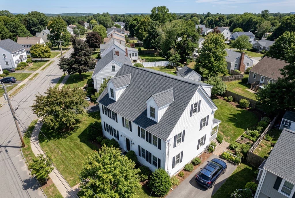 New architectural shingle roof on a Massachusetts Colonial home