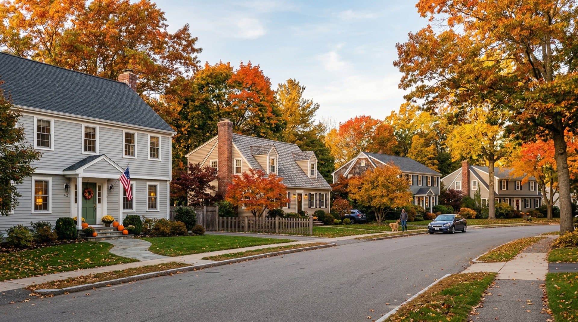 Residential neighborhood in Massachusetts with new architectural shingle roofs