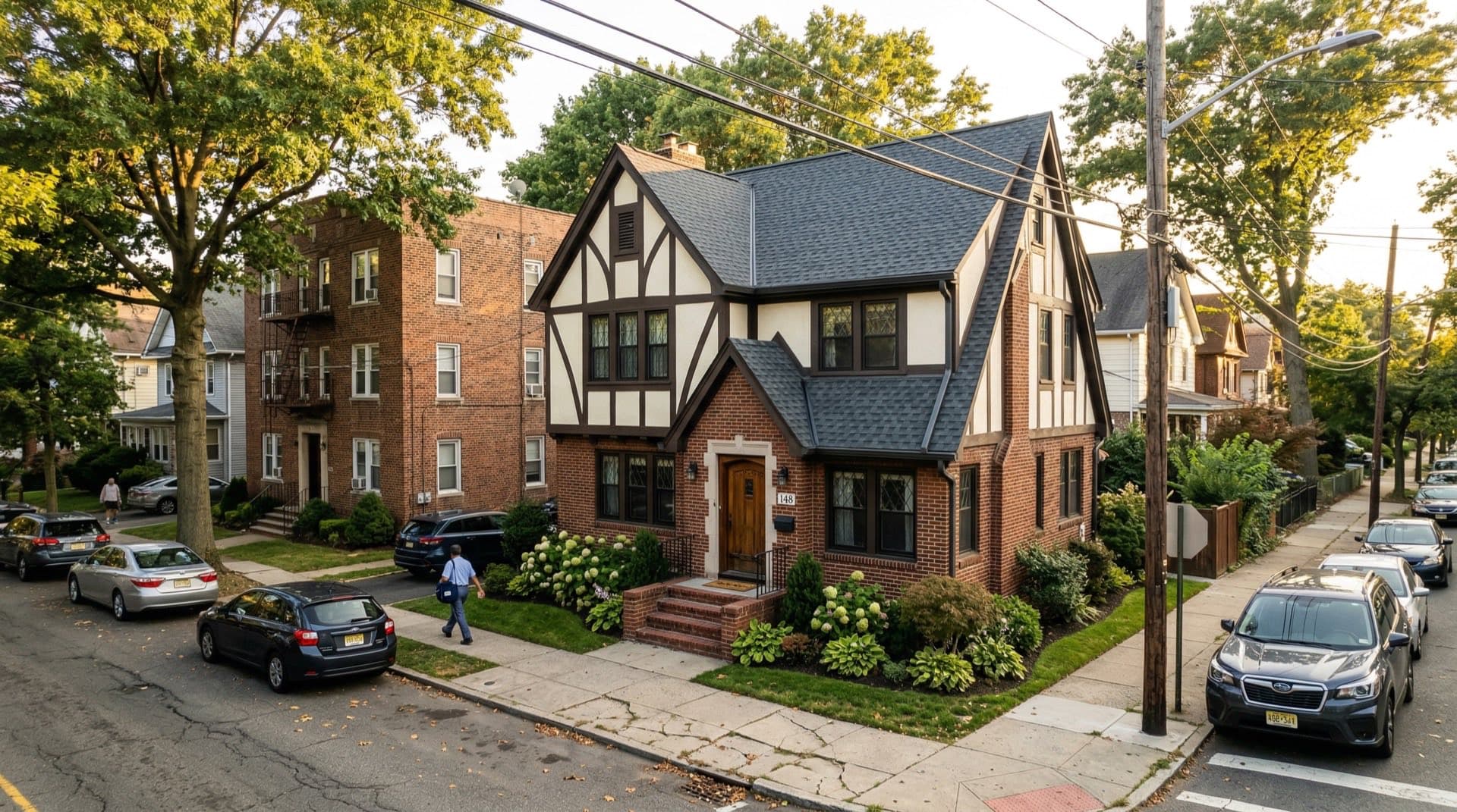 Residential roof replacement on a Tudor-style home in Newark, New Jersey