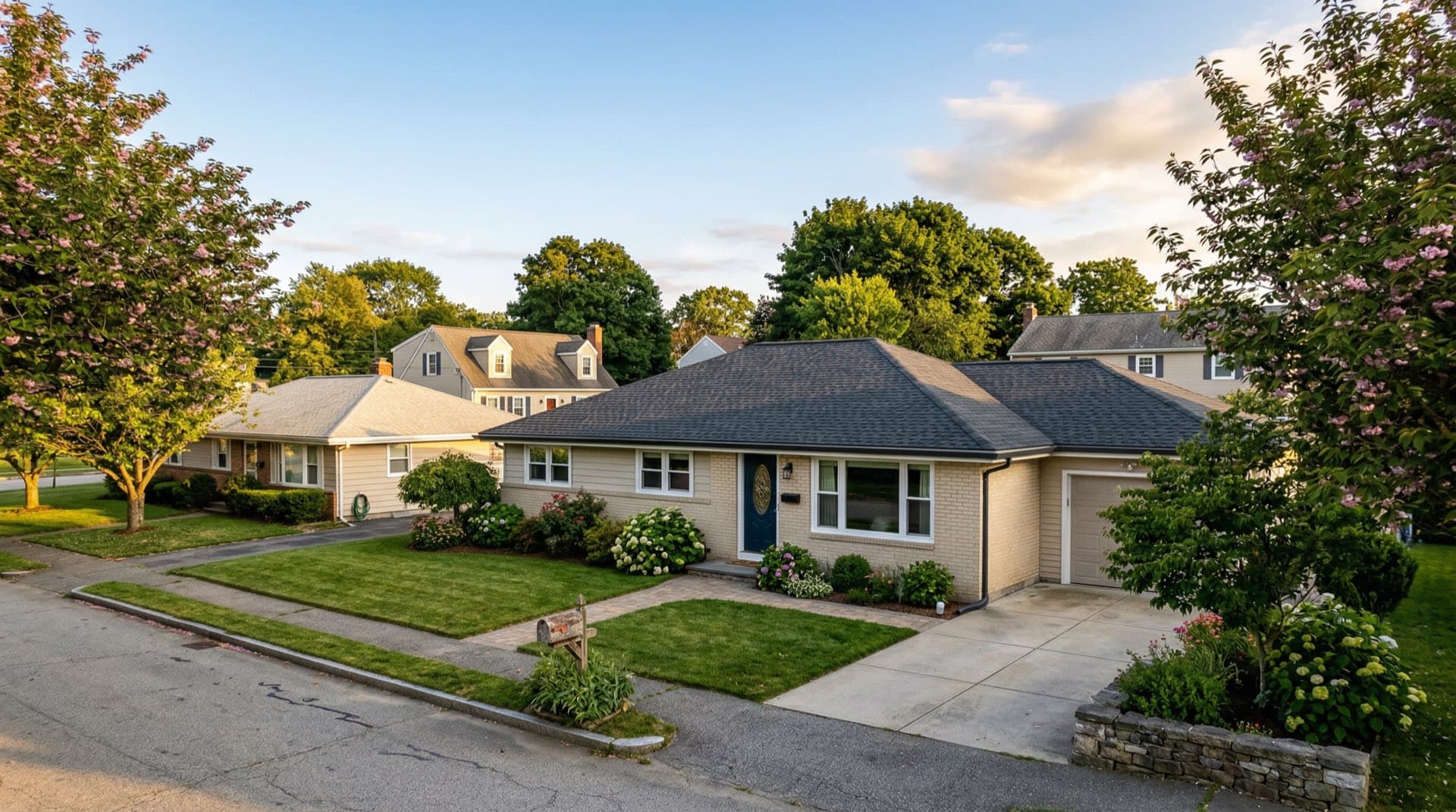 Residential roof replacement on a ranch home in North Providence, Rhode Island
