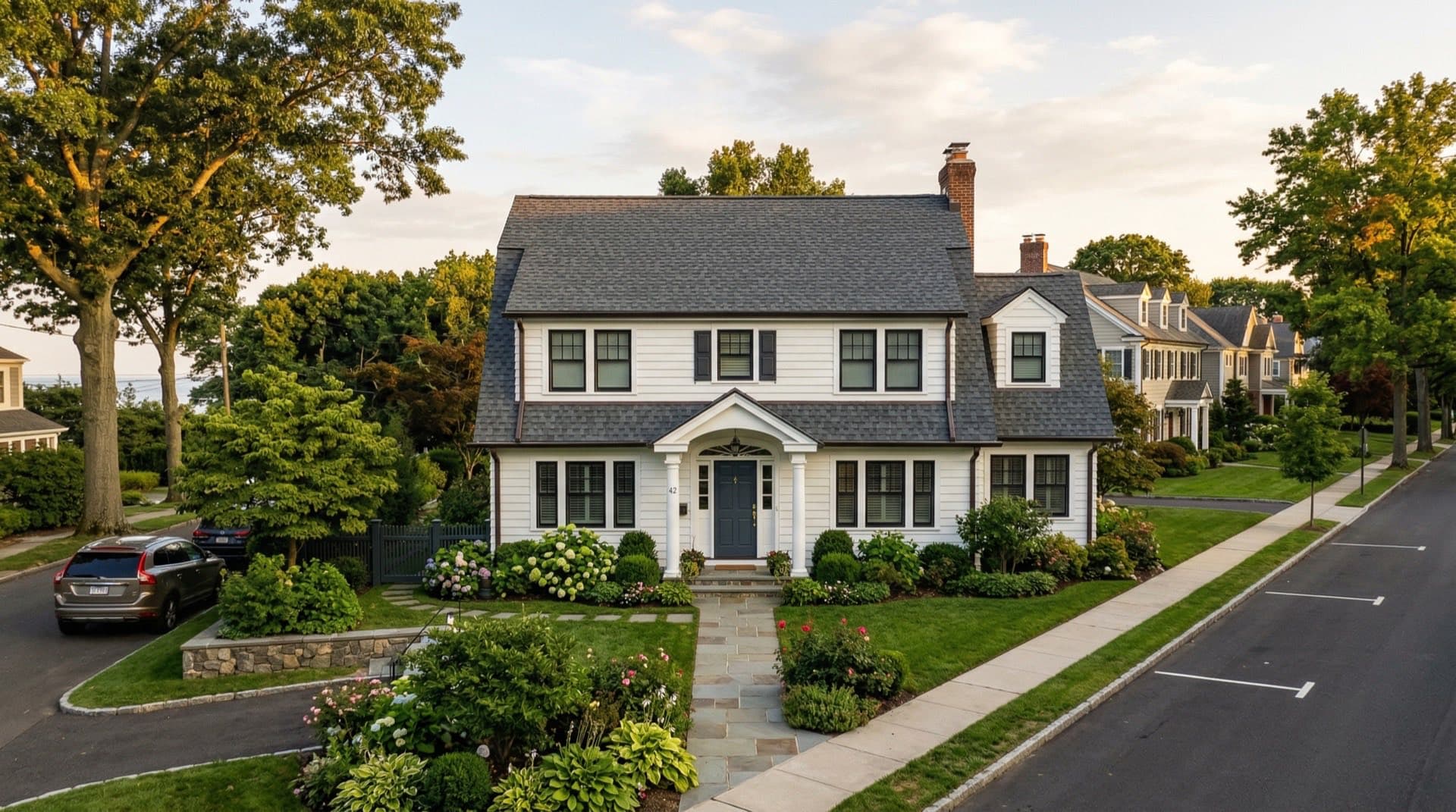 Residential roof replacement on a Colonial Revival home in Norwalk, Connecticut