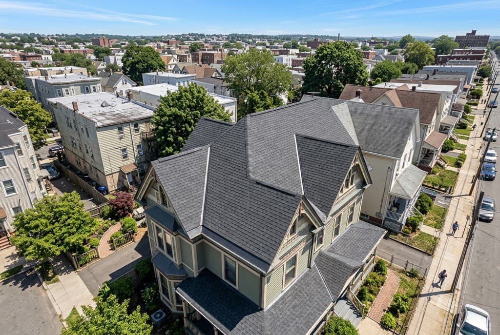 New architectural shingle roof on a Victorian home in Paterson, New Jersey