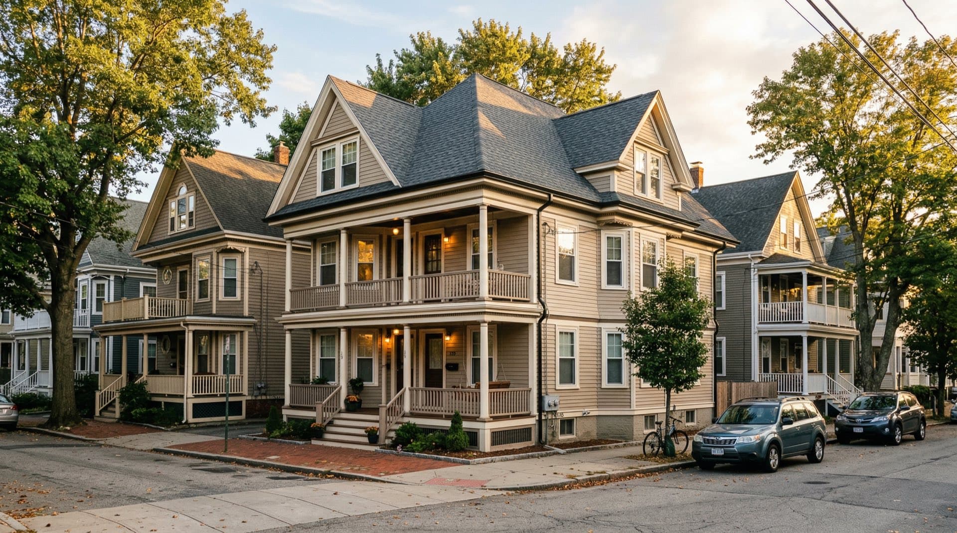 Residential roof replacement on a triple-decker home in Providence, Rhode Island