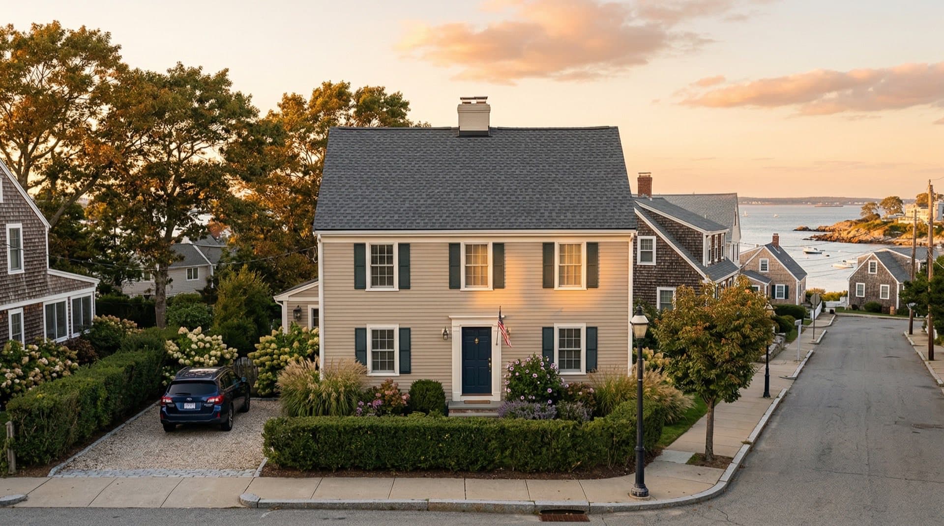 Residential roof replacement on a Colonial home in Quincy, Massachusetts