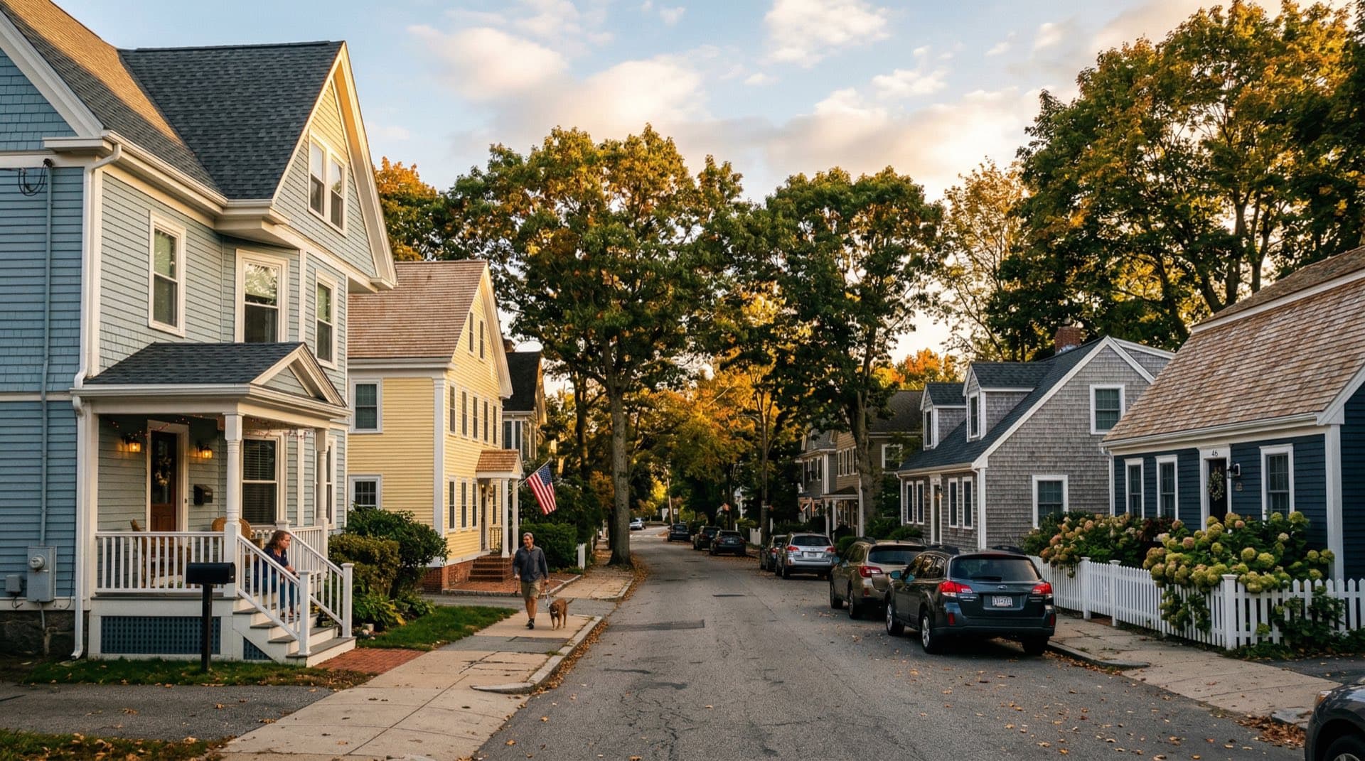 Residential neighborhood in Rhode Island with new architectural shingle roofs