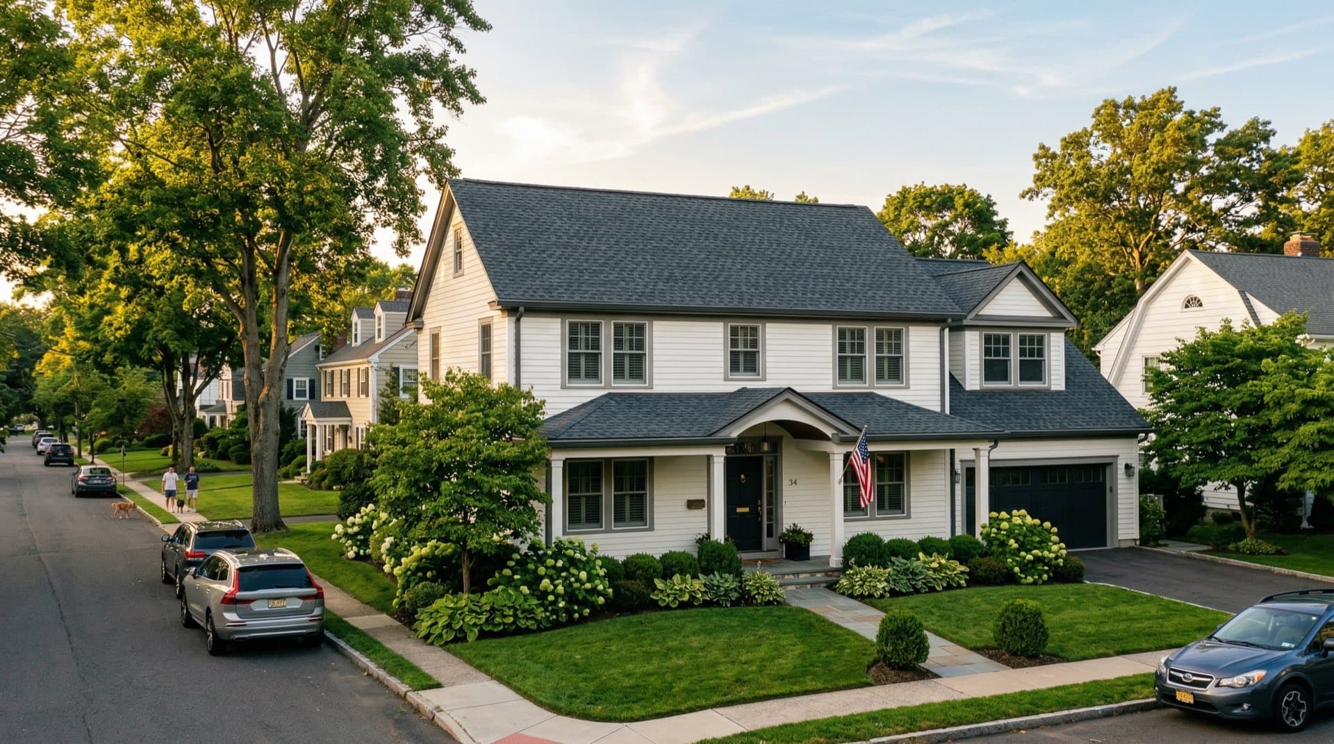 Residential roof replacement on a Colonial home in Stamford, Connecticut