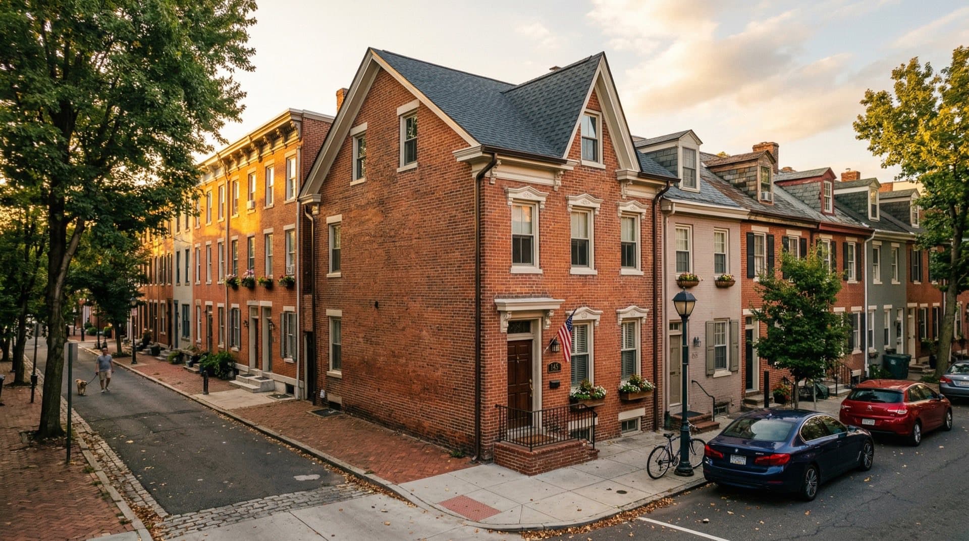 Residential roof replacement on a brick row house in Trenton, New Jersey