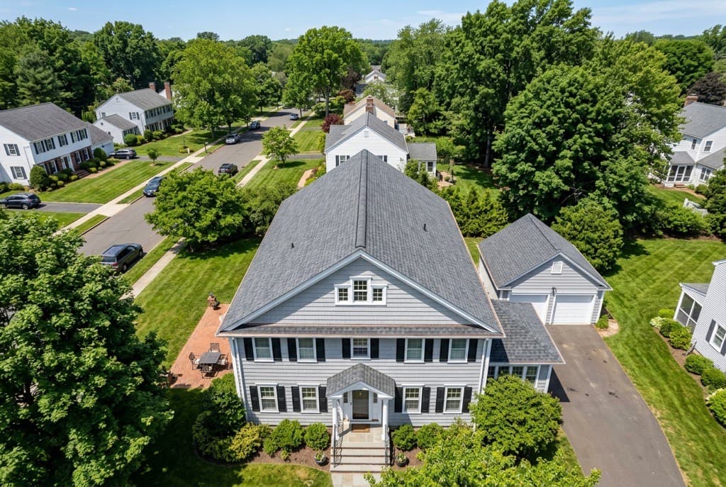 New architectural shingle roof on a West Hartford, Connecticut residential home