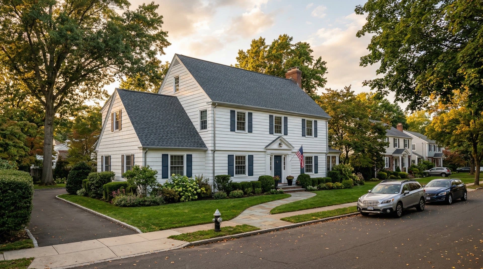 Residential roof replacement on a Colonial Revival home in West Hartford, Connecticut