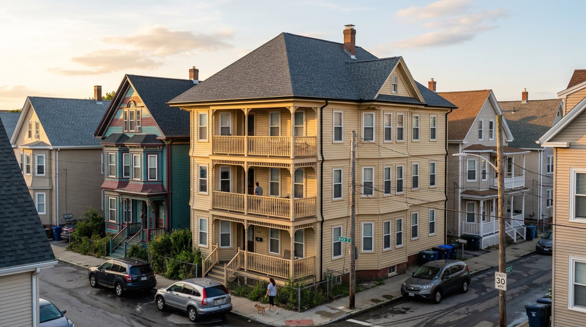 Residential roof replacement on a triple-decker home in Woonsocket, Rhode Island