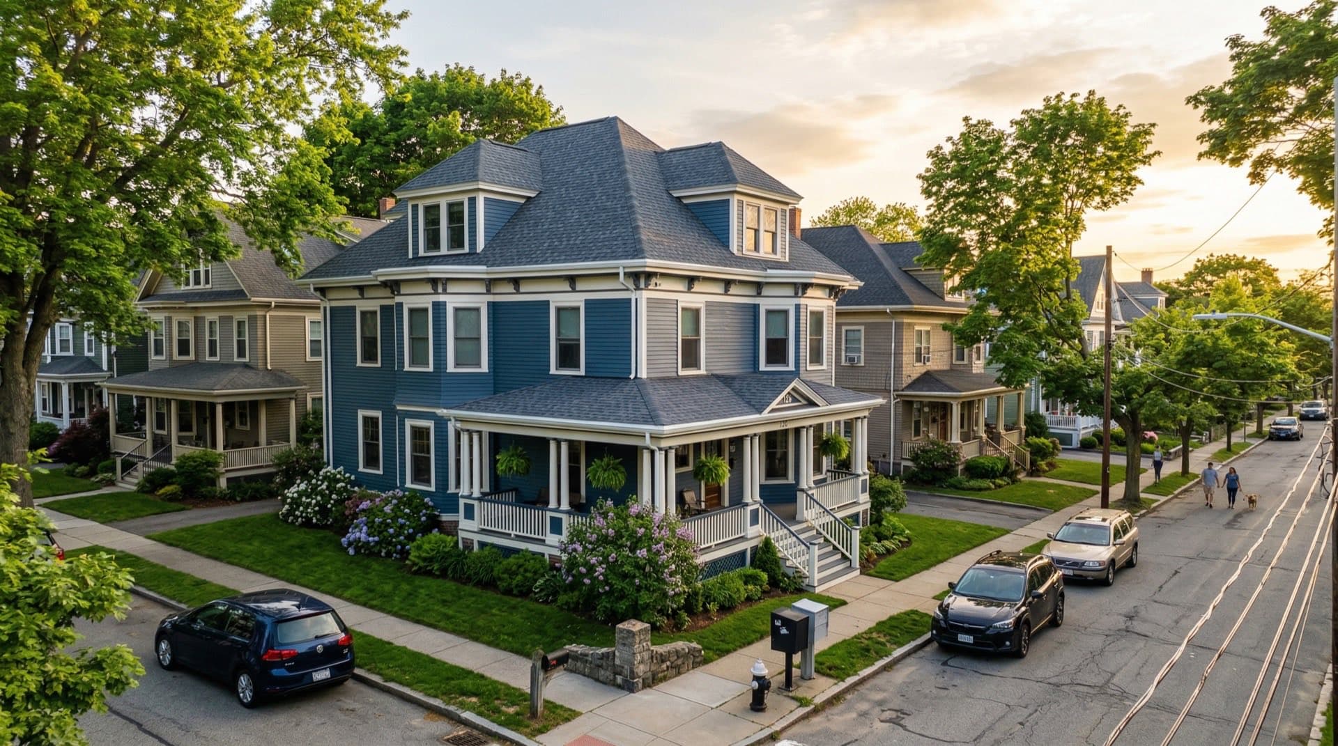 Residential roof replacement on a triple-decker home in Worcester, Massachusetts
