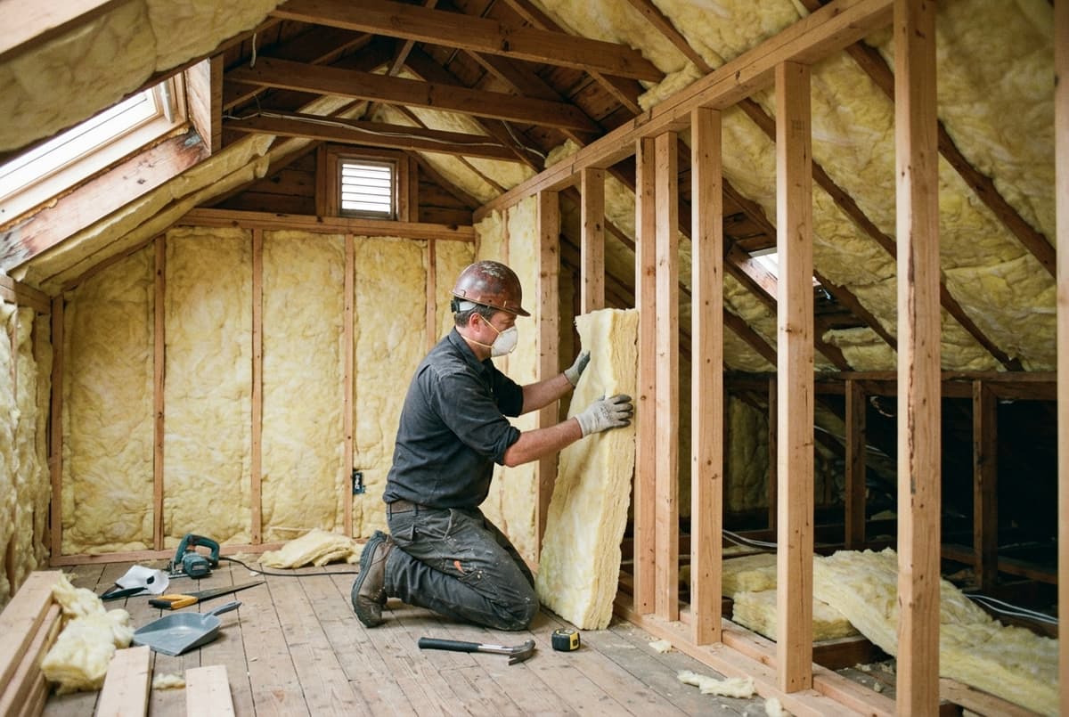 Insulation being installed in a residential attic